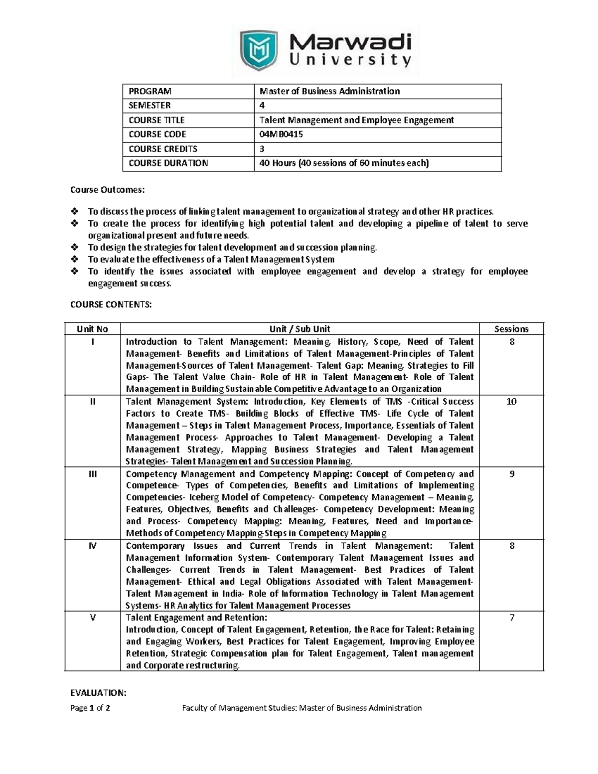 Syllabus - Page 1 Of 2 Faculty Of Management Studies: Master Of ...