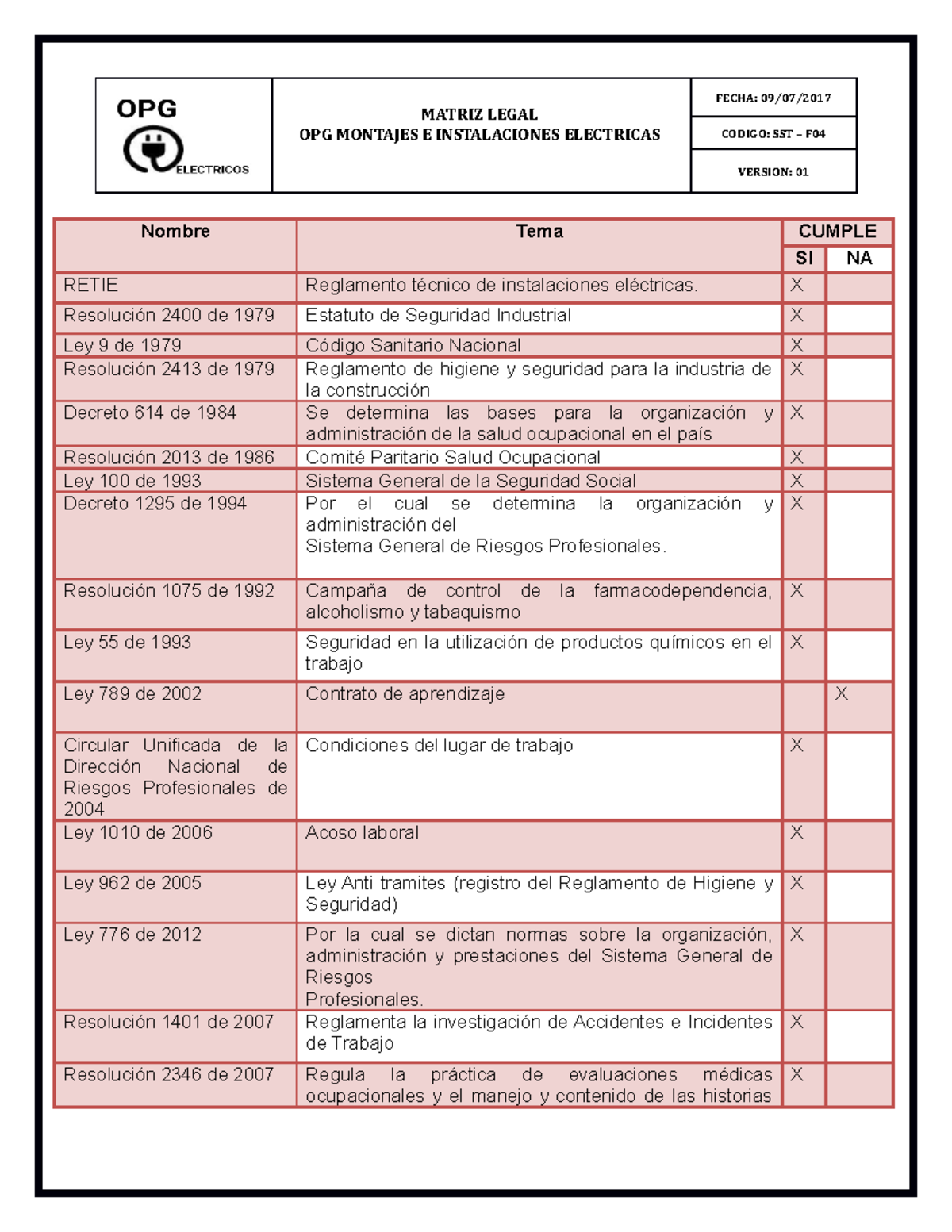 Anexo 24 Matriz DE Requisitos Legales - MATRIZ LEGAL OPG MONTAJES E ...