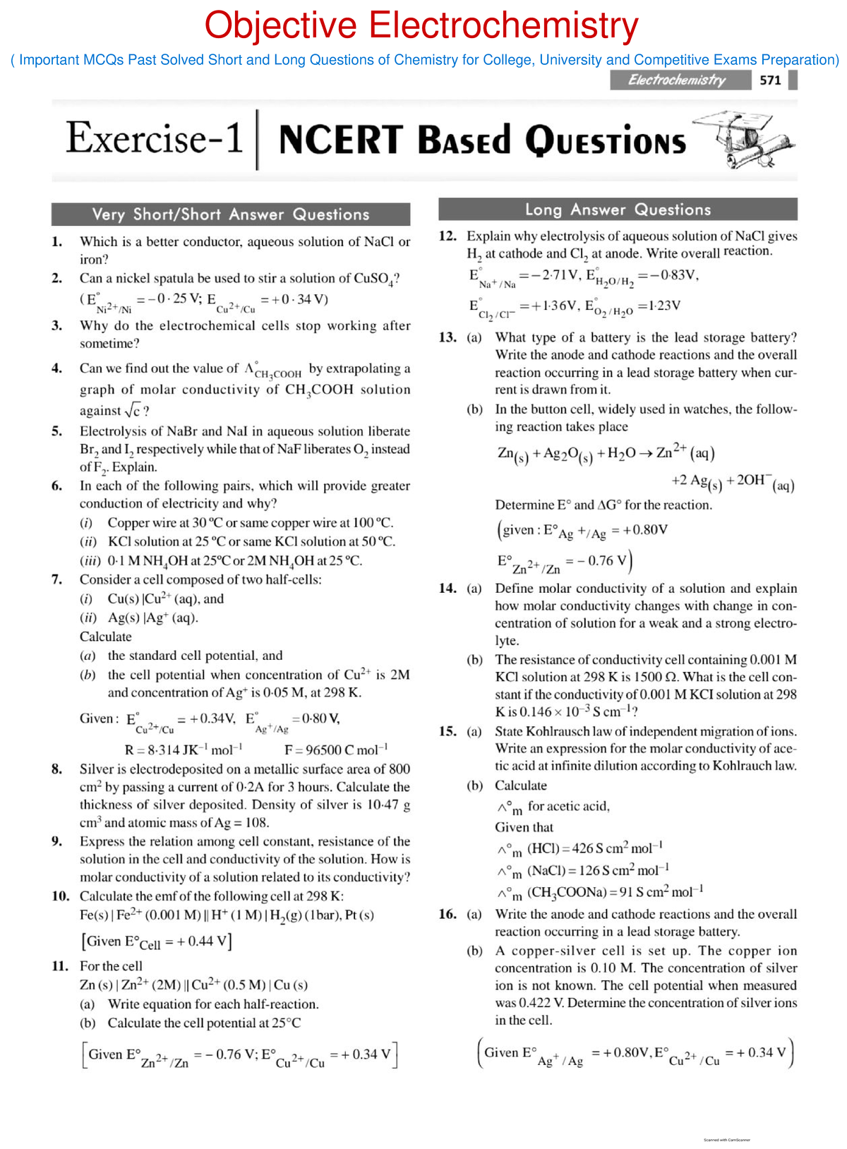 Objective Electrochemistry Important MCQs Past Solved Short and Long