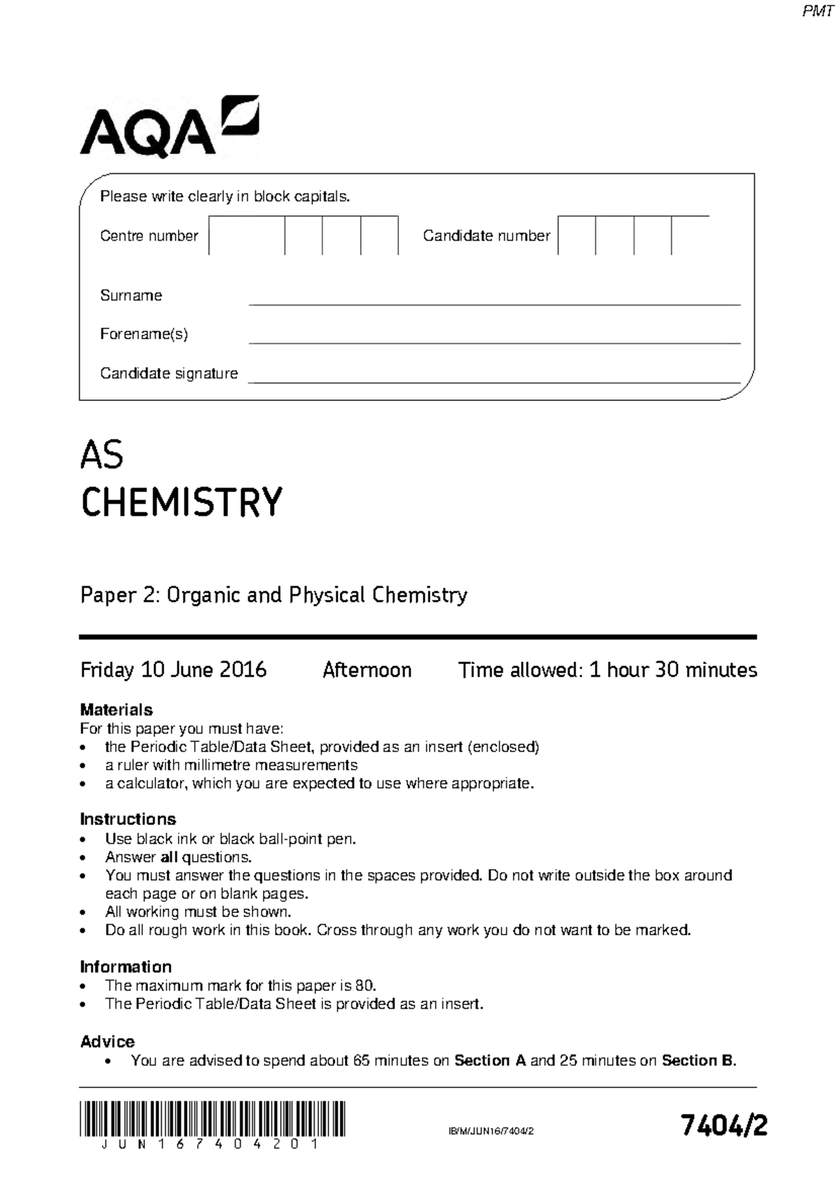 June 2016 QP - Paper 2 AQA Chemistry AS-level - JUN167404201 IB/M/JUN16 ...