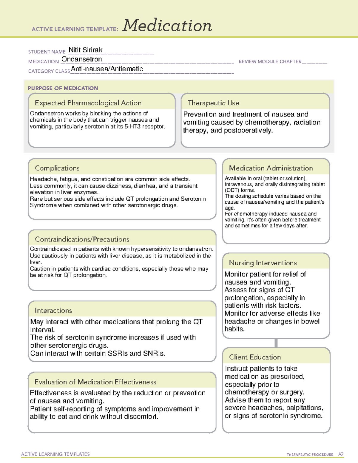 Ondansetron ATI MED TEMPLATES ACTIVE LEARNING TEMPLATES TherapeuTic