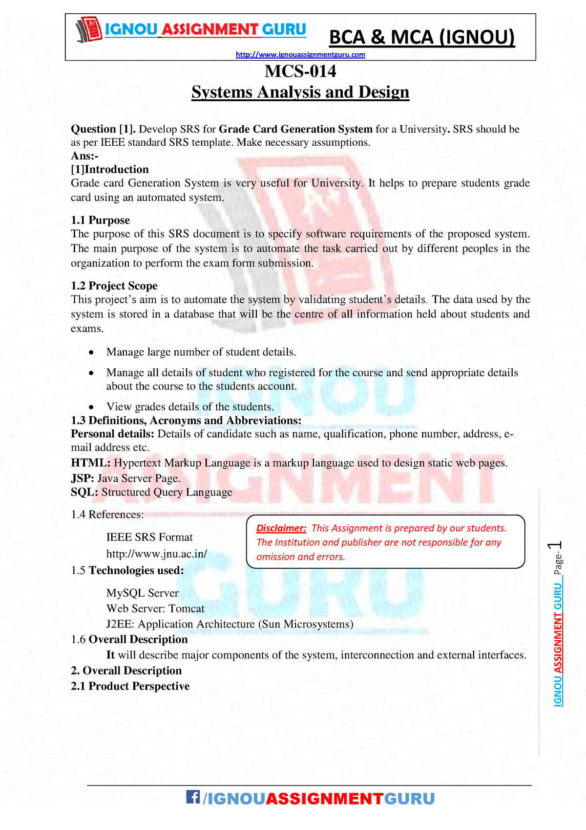 Bca Solved Assignment Mcs 014 Systems Analysis And Design ...