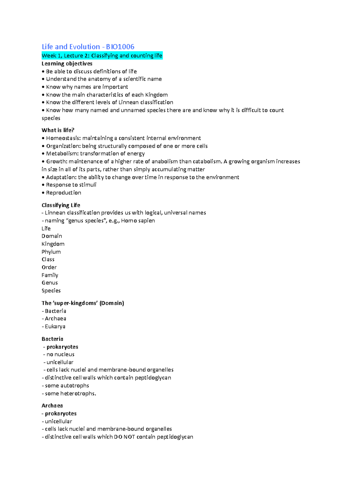 BIO1006 Lecture Notes - Life and Evolution - BIO Week 1, Lecture 2 ...