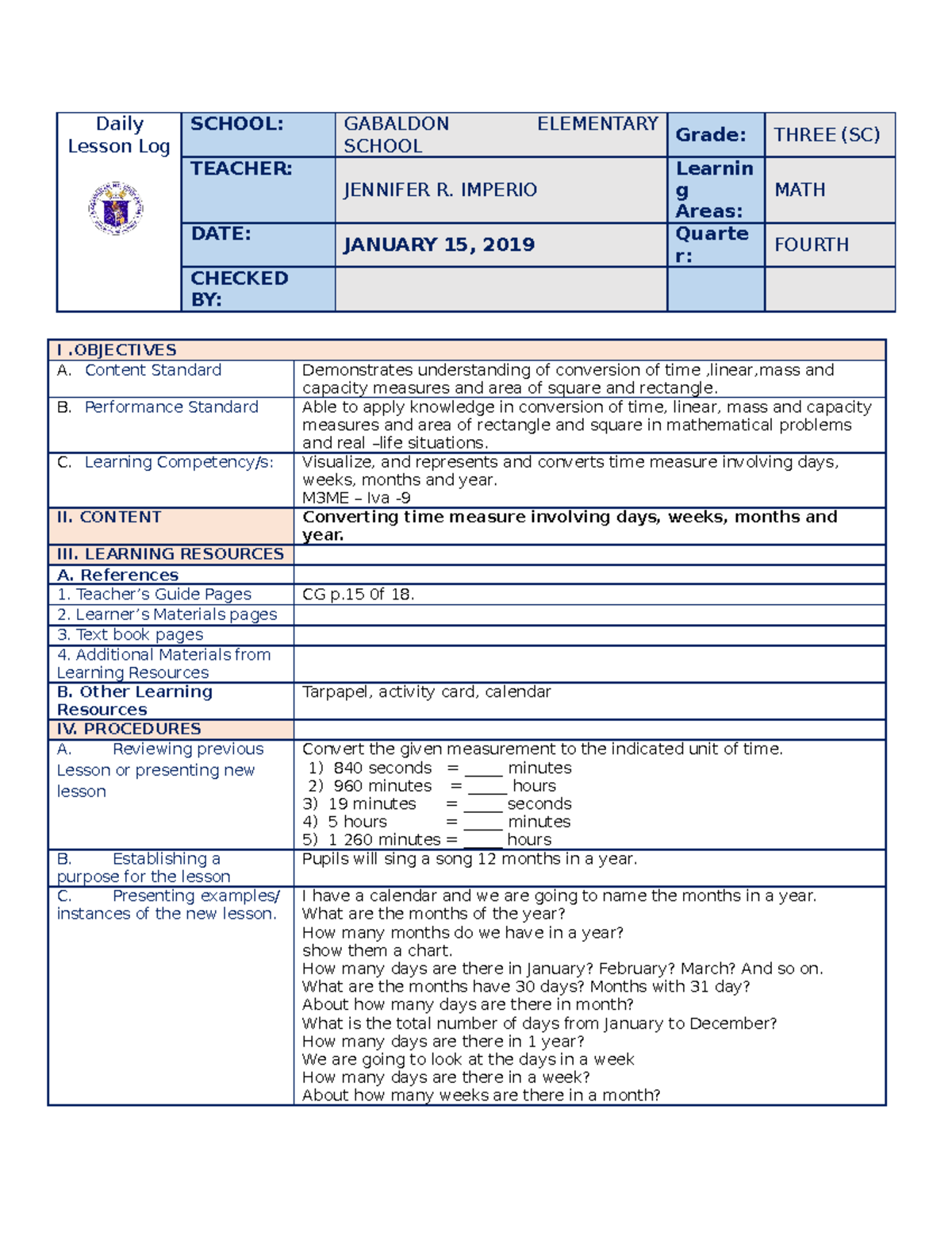 Grade 3 COT Math Q4 - For additional lectures - Daily Lesson Log SCHOOL ...