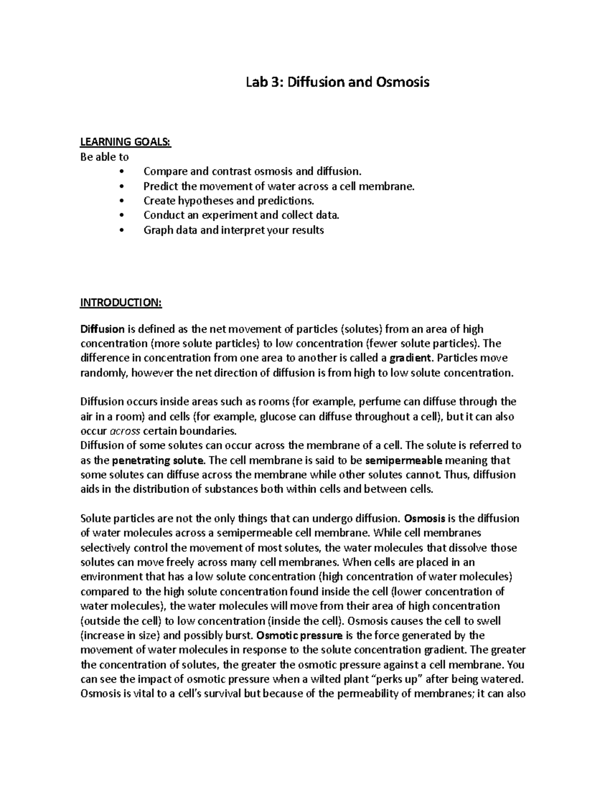 Lab 3 Osmosis - Lab 3: Diffusion and Osmosis LEARNING GOALS: Be able to ...