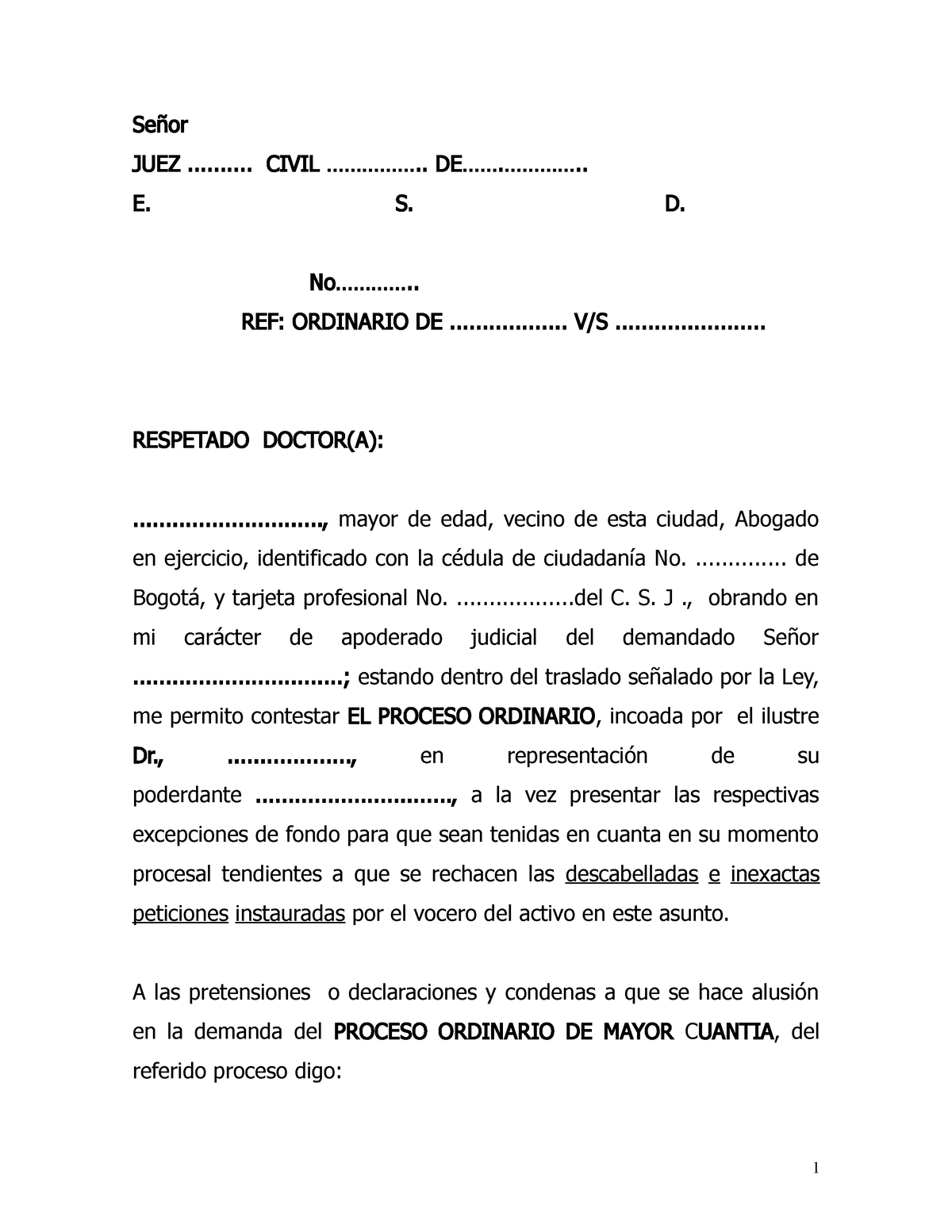 Contestación demanda Ordinaria-Resolución Contrato - Señor JUEZ ..........  CIVIL ................. - Studocu