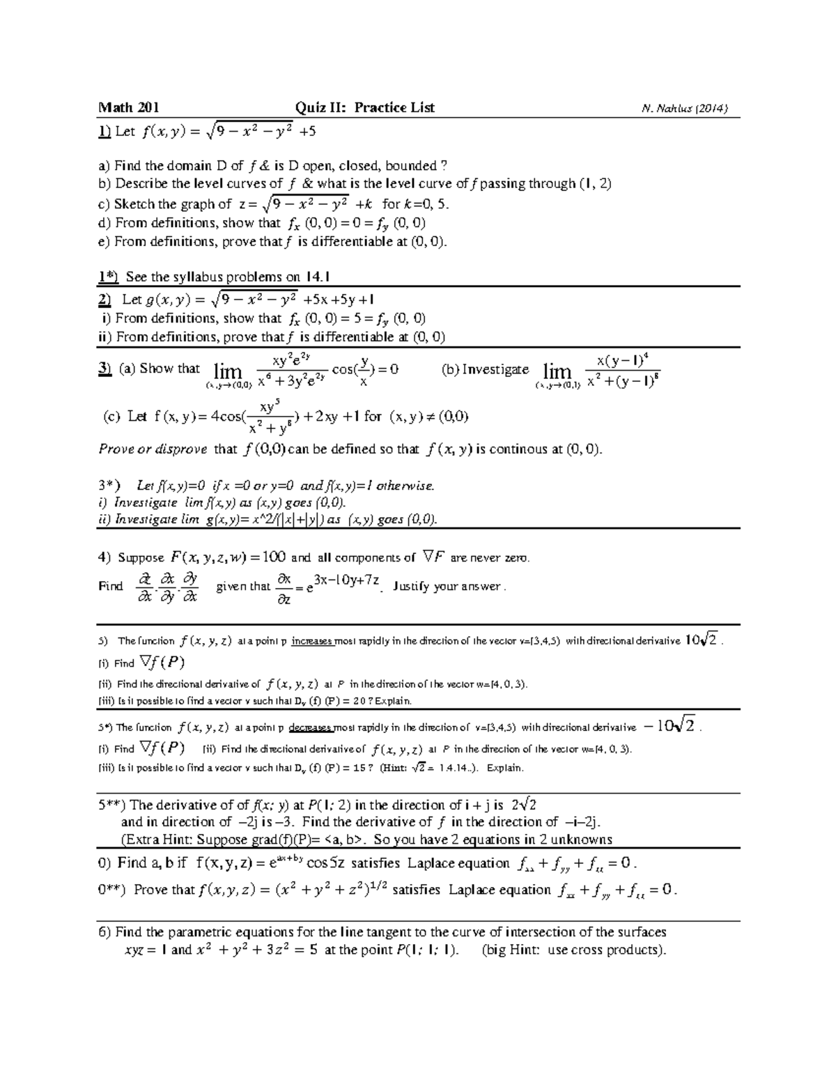 Math 201, Quiz II, Prcatice List 2014 - Math 201 Quiz II: Practice List ...