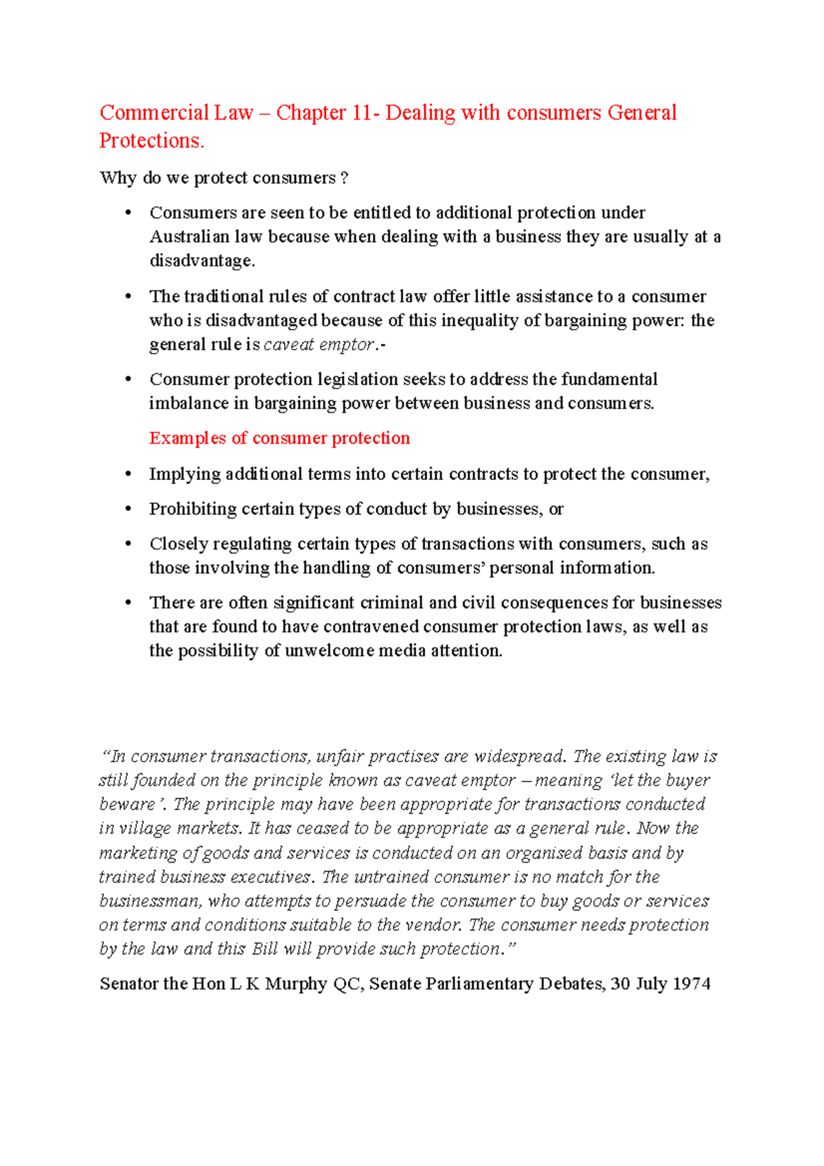 Commercial Law- WEEK 9 Consumer LAW General Protections - Commercial ...