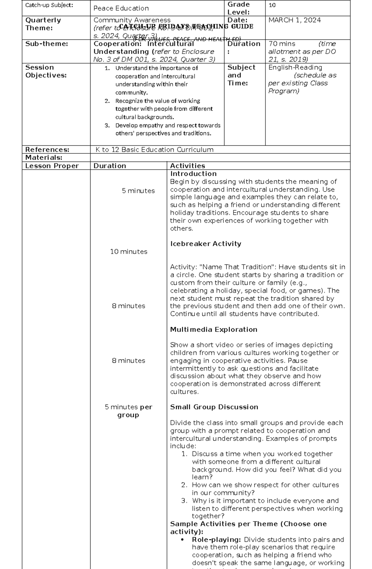 Grade 10 -peace and val ed catch-up plan - CATCH-UP FRIDAYS TEACHING ...