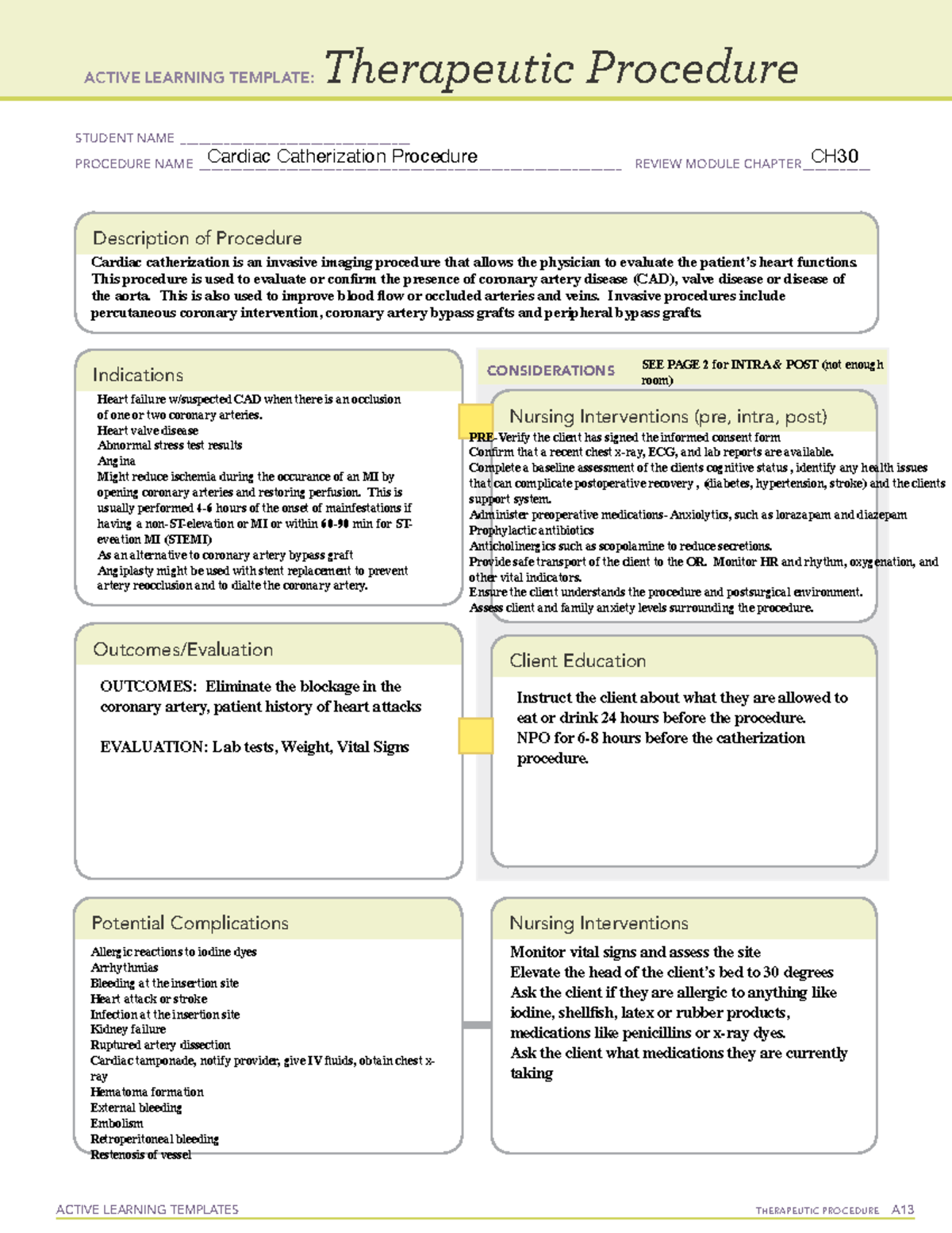 Cardiac CATH ATI Cardiac ACTIVE LEARNING TEMPLATES TherapeuTic Procedure A Therapeutic