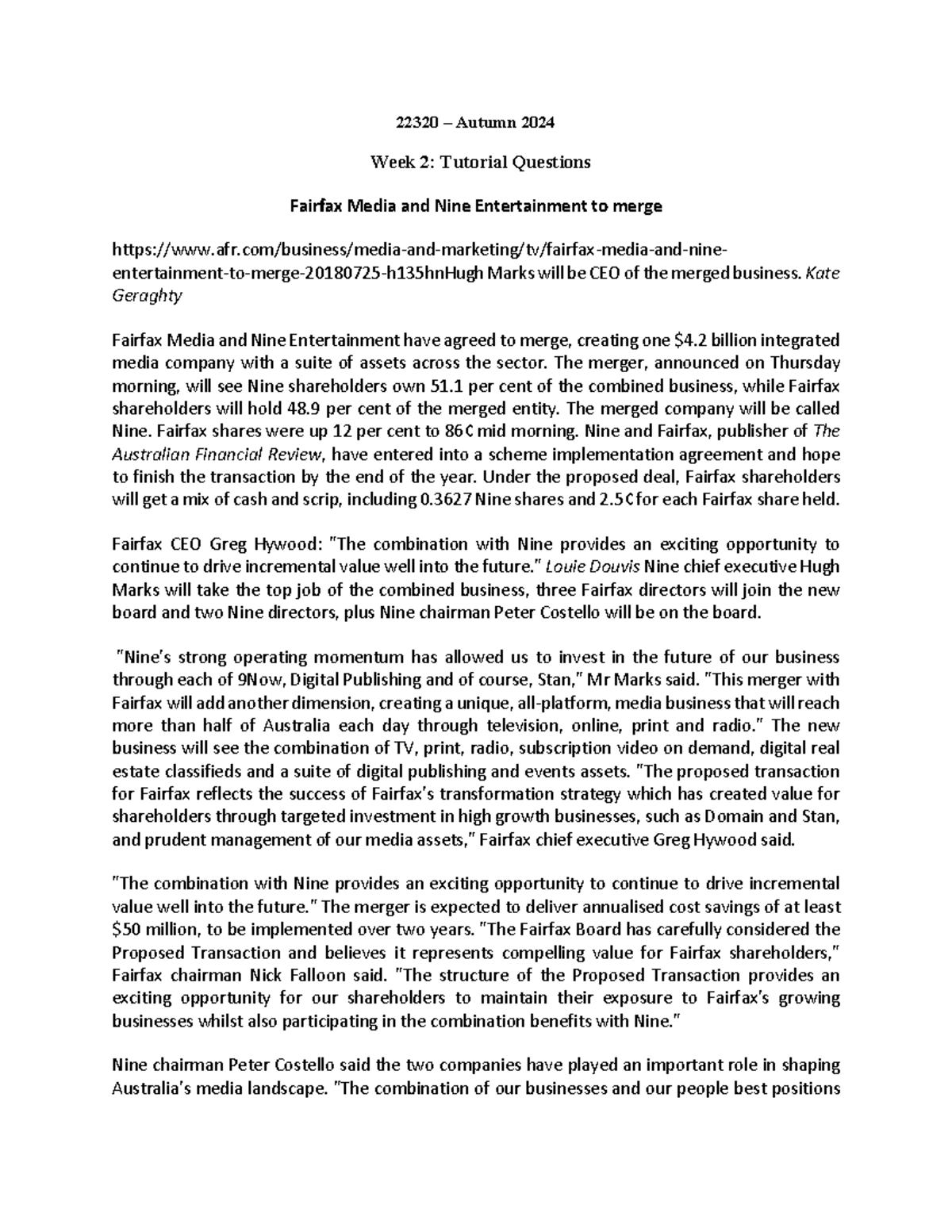 22320 Tutorial questions Week02 2024AUT-1 - 22320 – Autumn 2024 Week 2 ...
