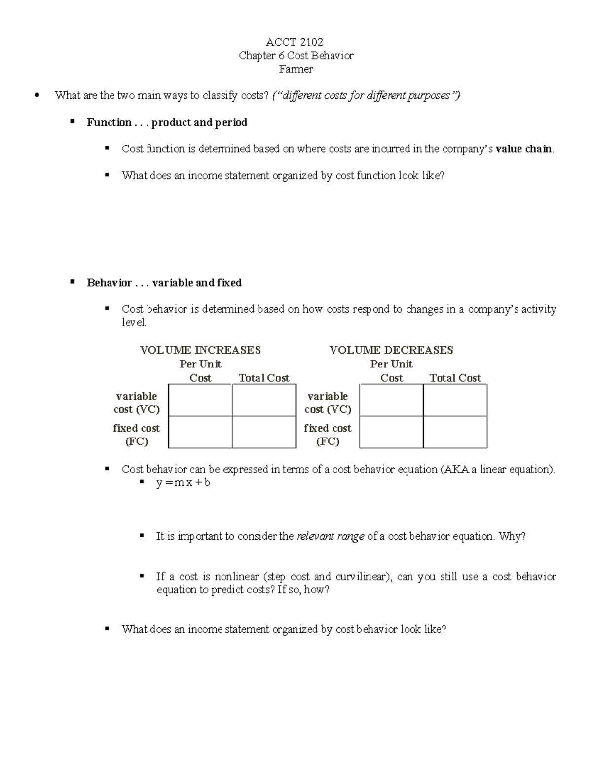 Chapter 6 in word - Chapter 6 Cost Behavior Farmer What are the two ...