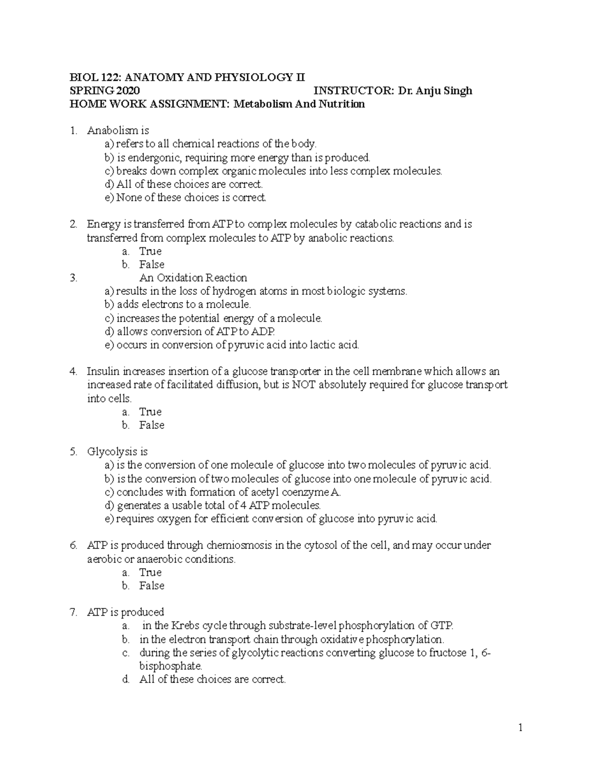 Homework Metabolism Nutrition - BIOL 122: ANATOMY AND PHYSIOLOGY II ...