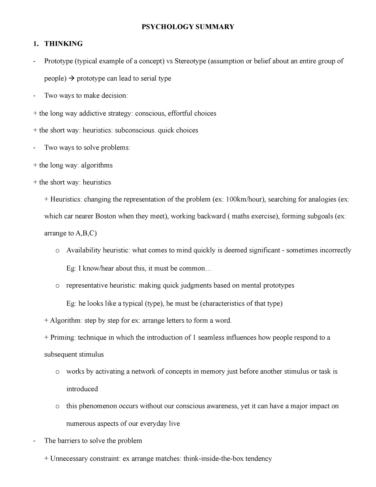 Psychology Summary For Mid Term Test PSYCHOLOGY SUMMARY 1 THINKING 