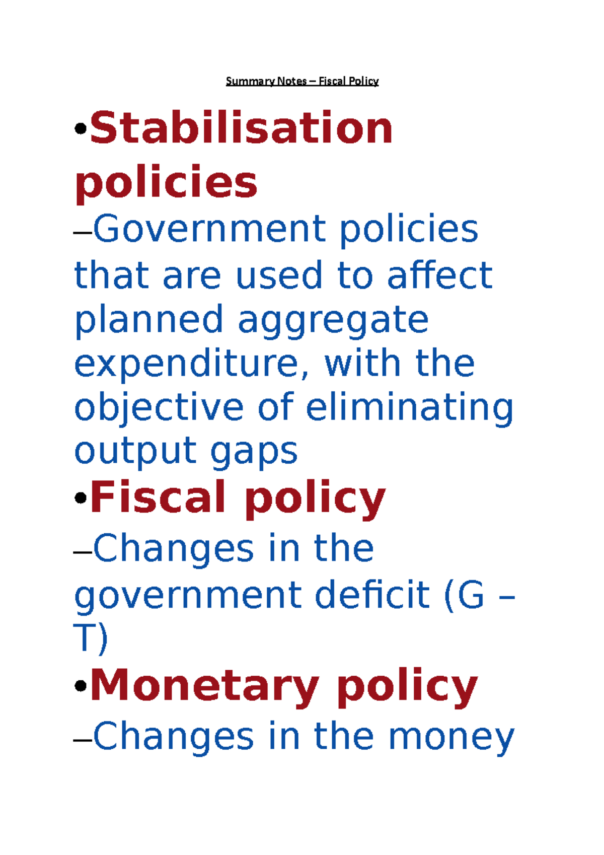 Summary Notes – Fiscal Policy - Summary Notes – Fiscal Policy ...