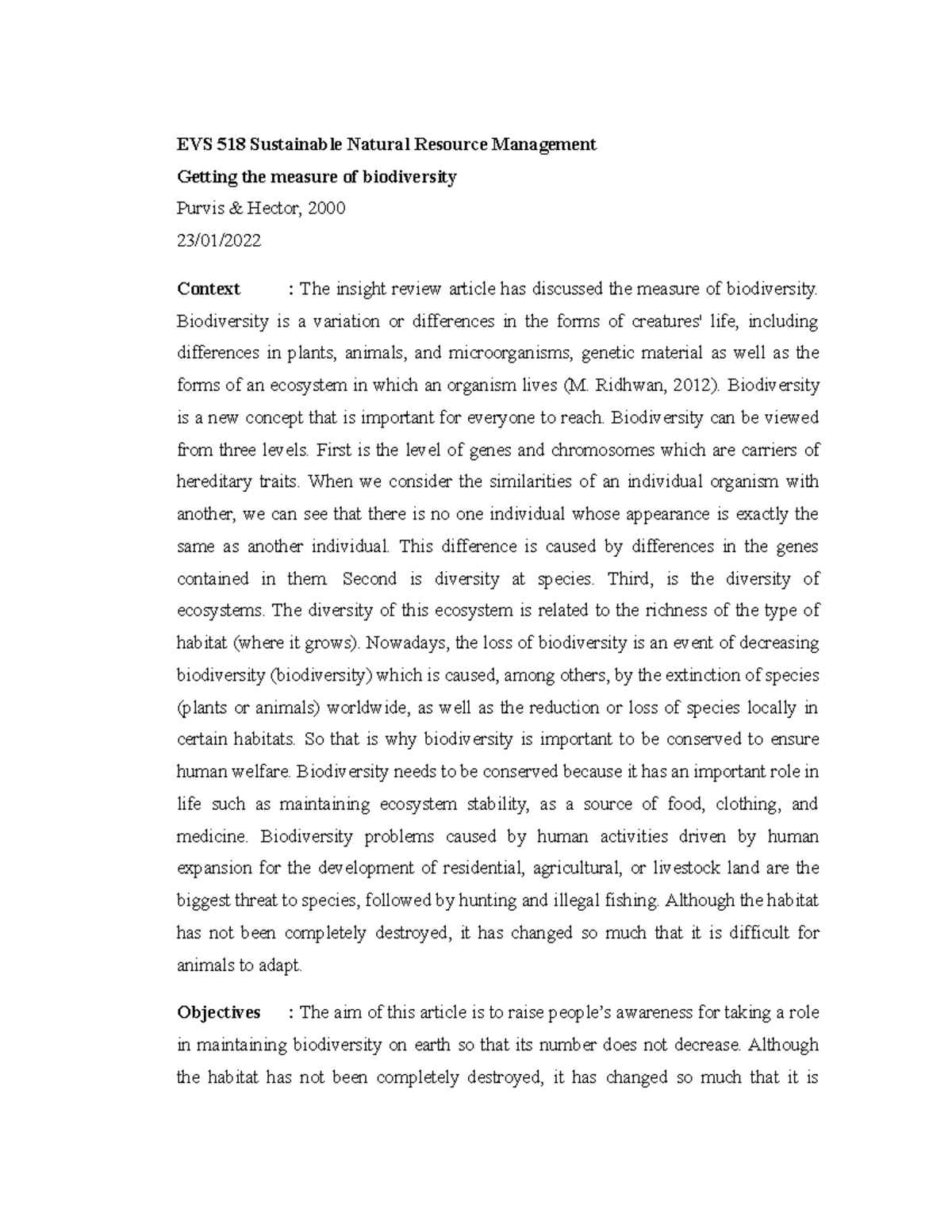Summary Assignment II - EVS 518 Sustainable Natural Resource Management ...