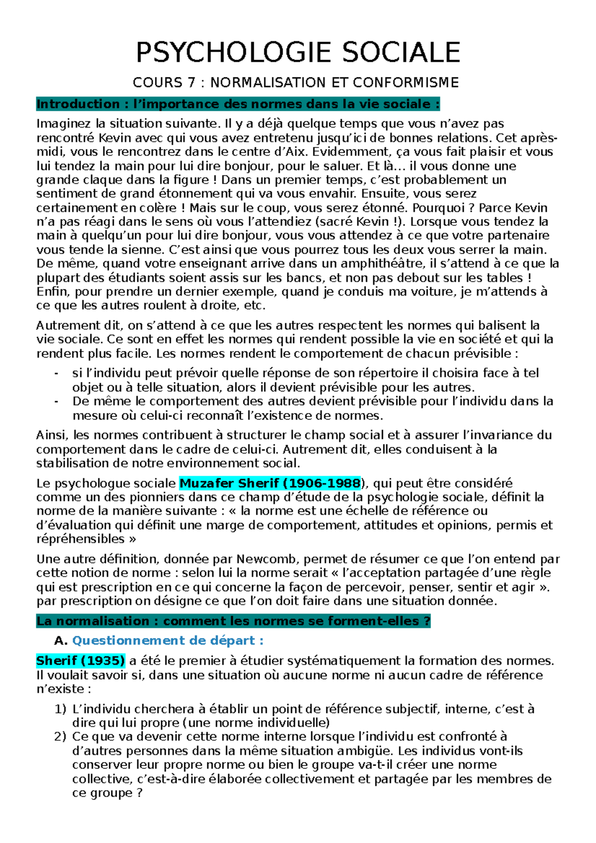 Cours 7° - PSYCHOLOGIE SOCIALE COURS 7 : NORMALISATION ET CONFORMISME ...