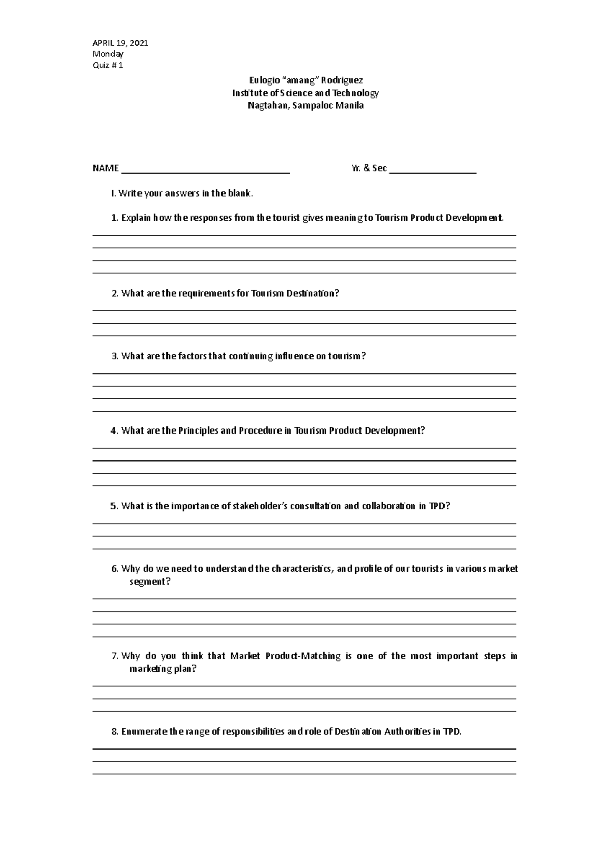 First quiz in Tourism Management - Hospitality Management - Studocu