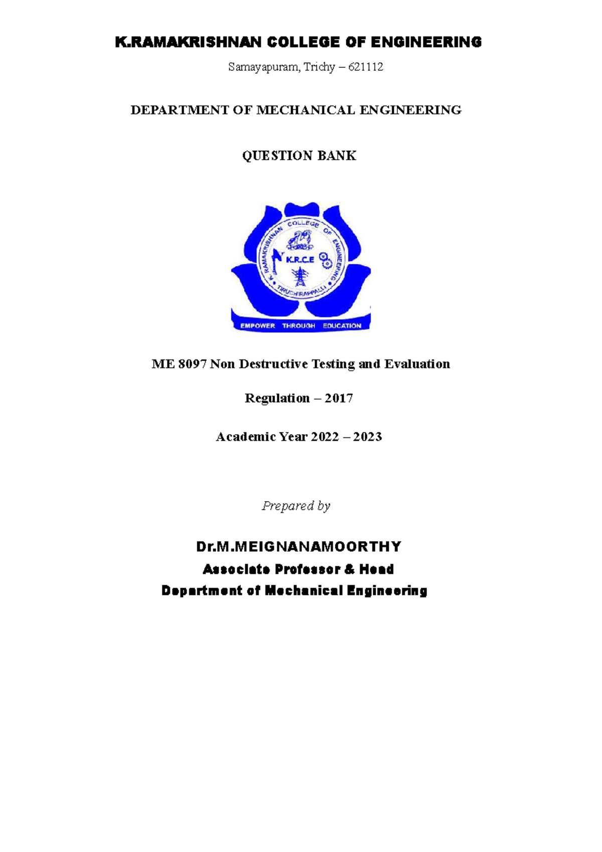 NDTE QB - Note - K COLLEGE OF ENGINEERING Samayapuram, Trichy – 621112 ...