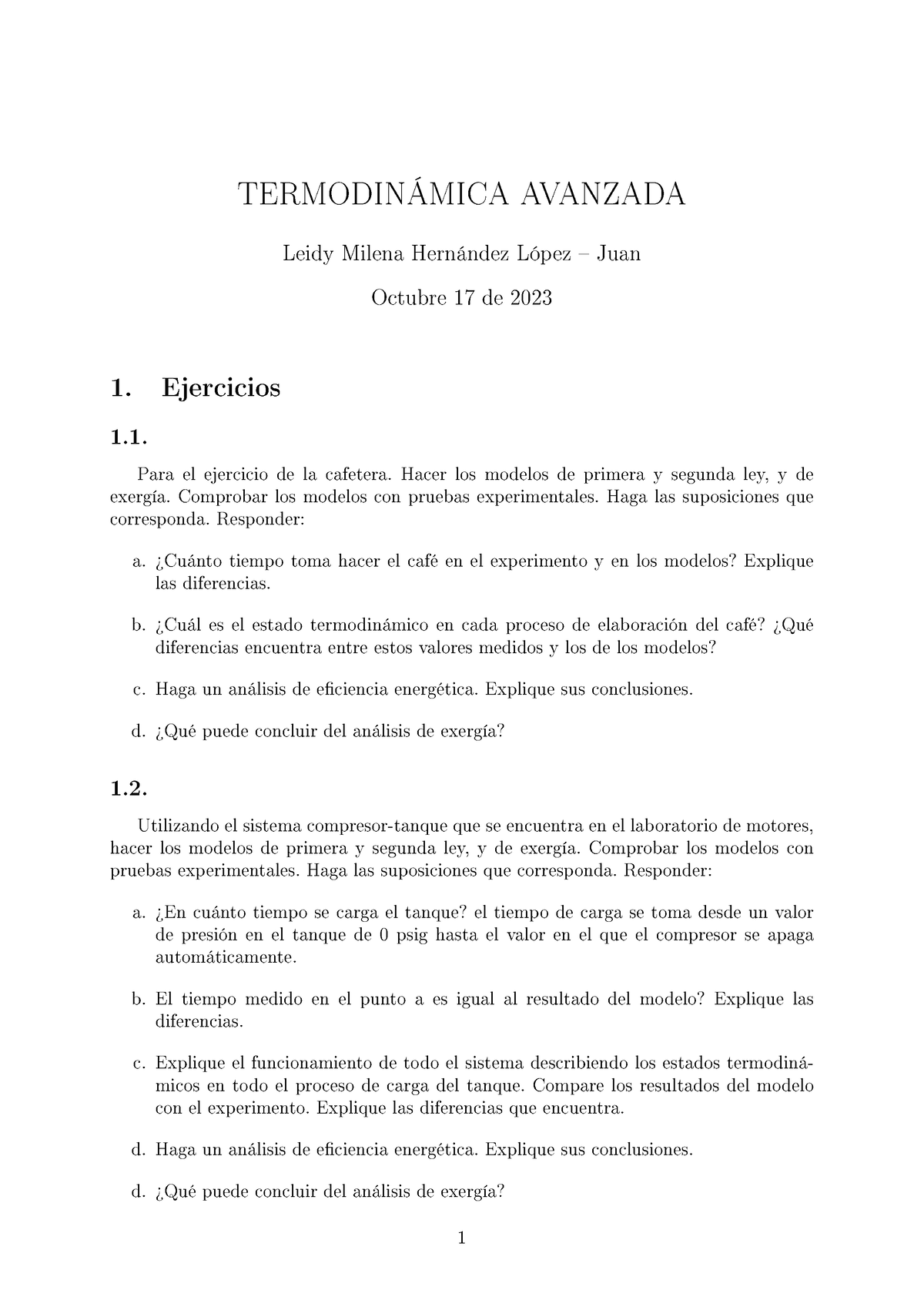 Parcial 1 Termodinamica Avanzada - TERMODINÁMICA AVANZADA Leidy Milena ...