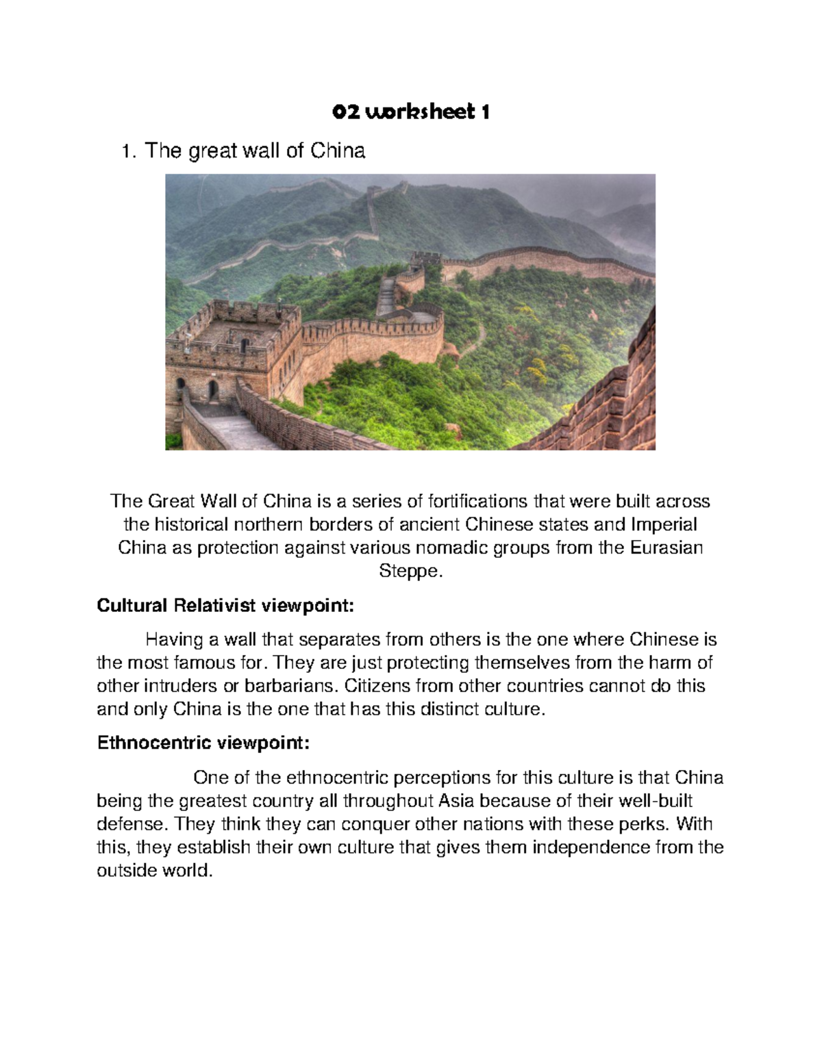 UCSP - worksheet about viewpoints - 02 worksheet 1 1. The great wall of ...