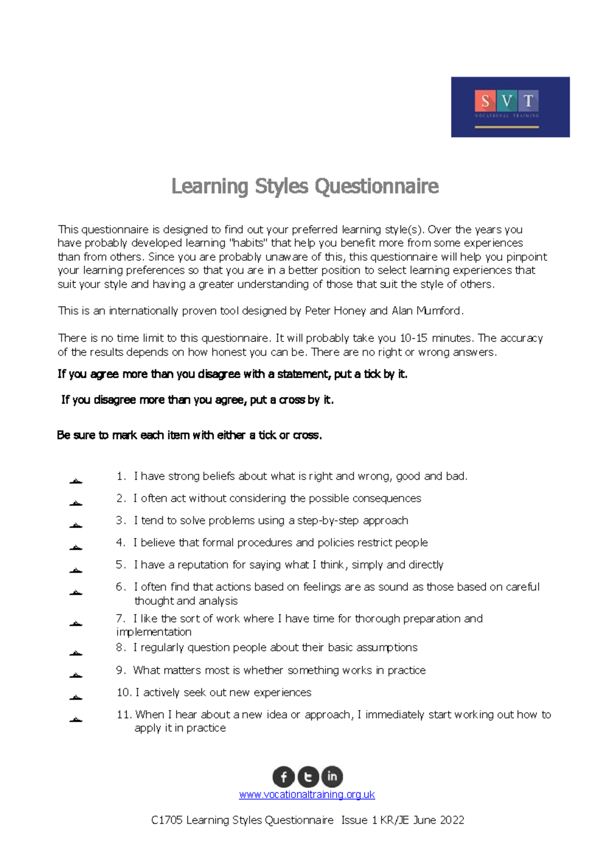 Honey And Mumford Learning Styles Learning Styles Questionnaire This Questionnaire Is Designed 8982