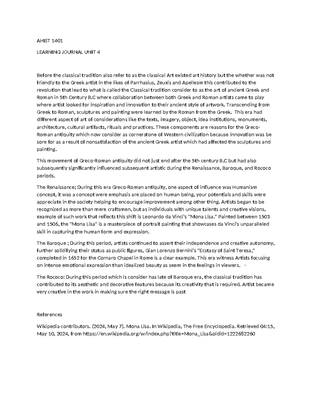 AHIST 1401 LJ Unit 4 - Learning Journal - AHIST 1401 LEARNING JOURNAL ...