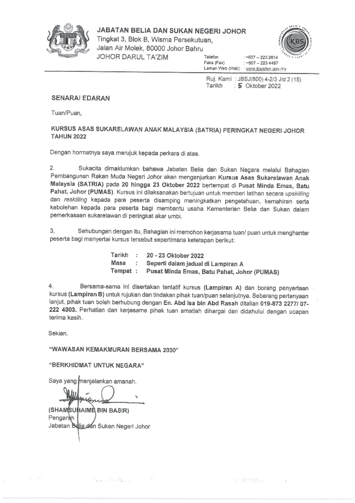 Surat Jemputan Kursus Asas Satria @ Pumas, UTHM (Kolonel) - Civil ...