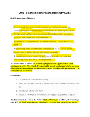 D076 - Unit 2 - D076 Unit 2 - Unit 2: Overview of Finance Which area of ...