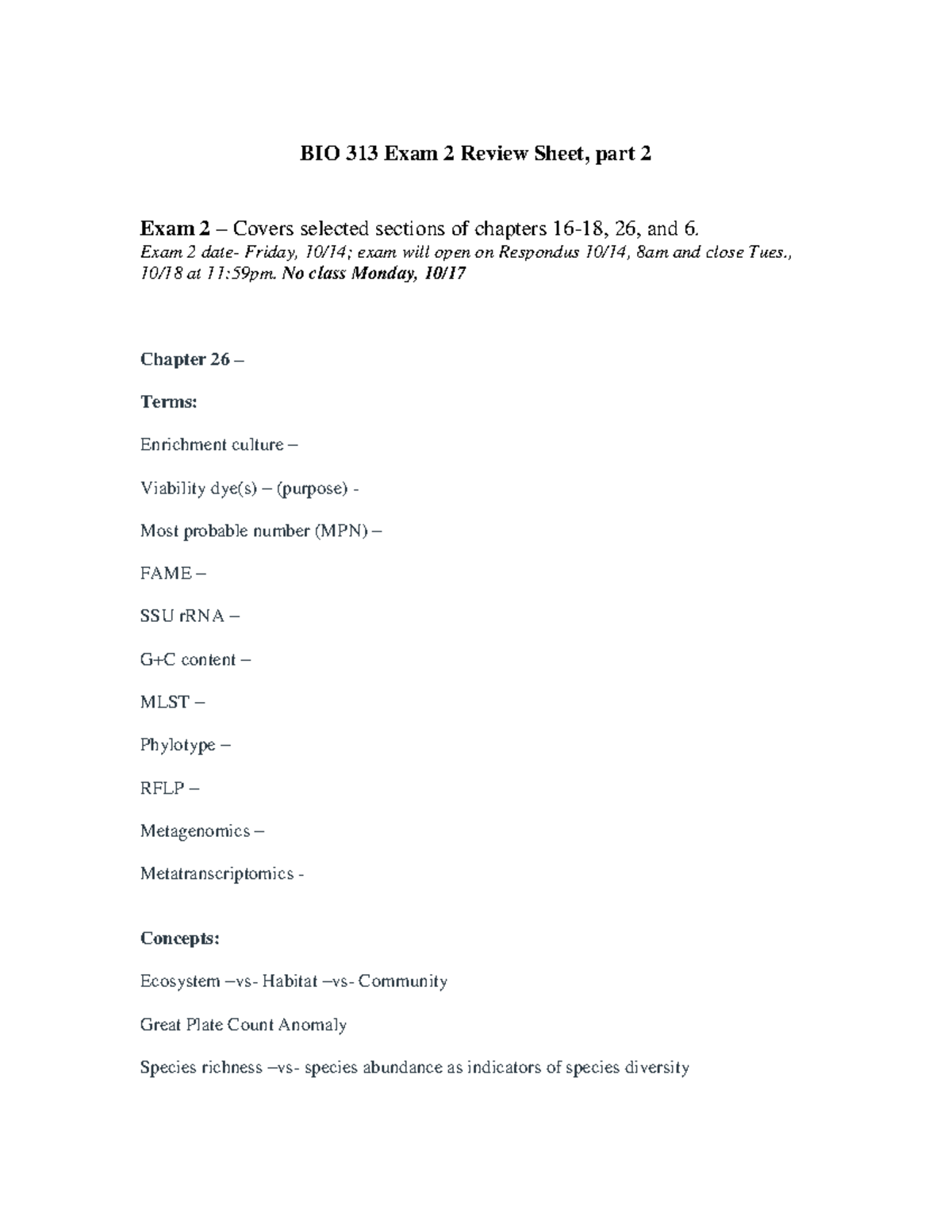 Exam 2 Study Guide, part 2 - BIO 313 Exam 2 Review Sheet, part 2 Exam 2 ...