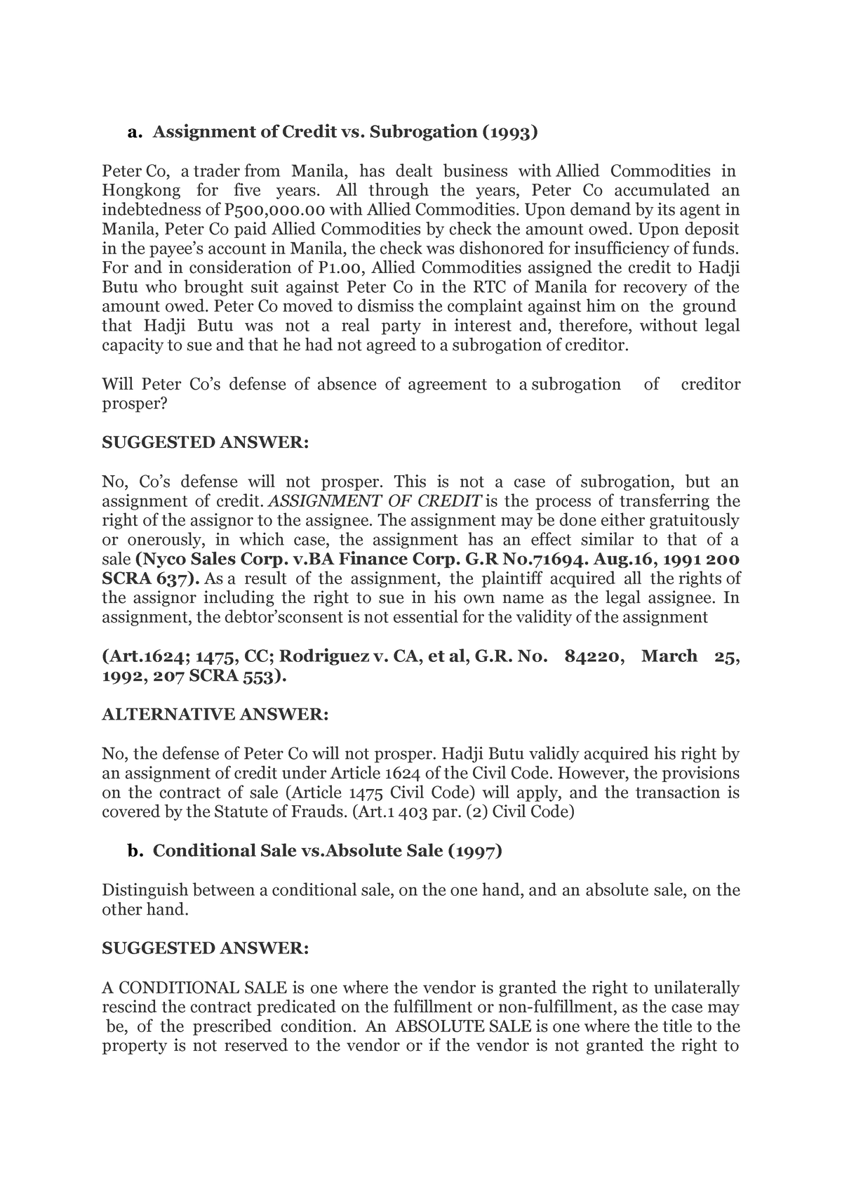 Oblicon sample bar questions sales - a. Assignment of Credit vs ...