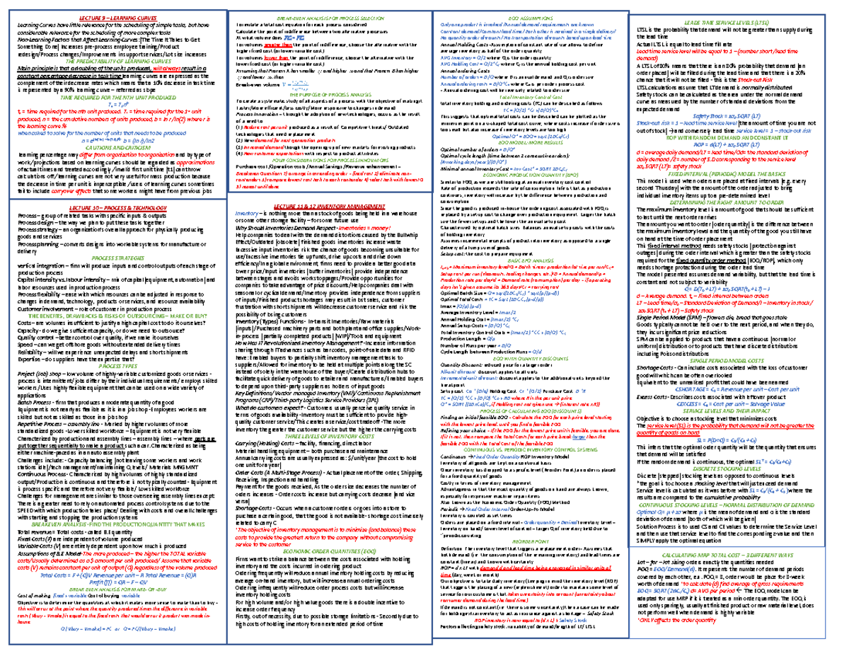 Bu-375-Final-Exam-Cheat-Sheet - LECTURE 9 LEARNING CURVES Learning ...