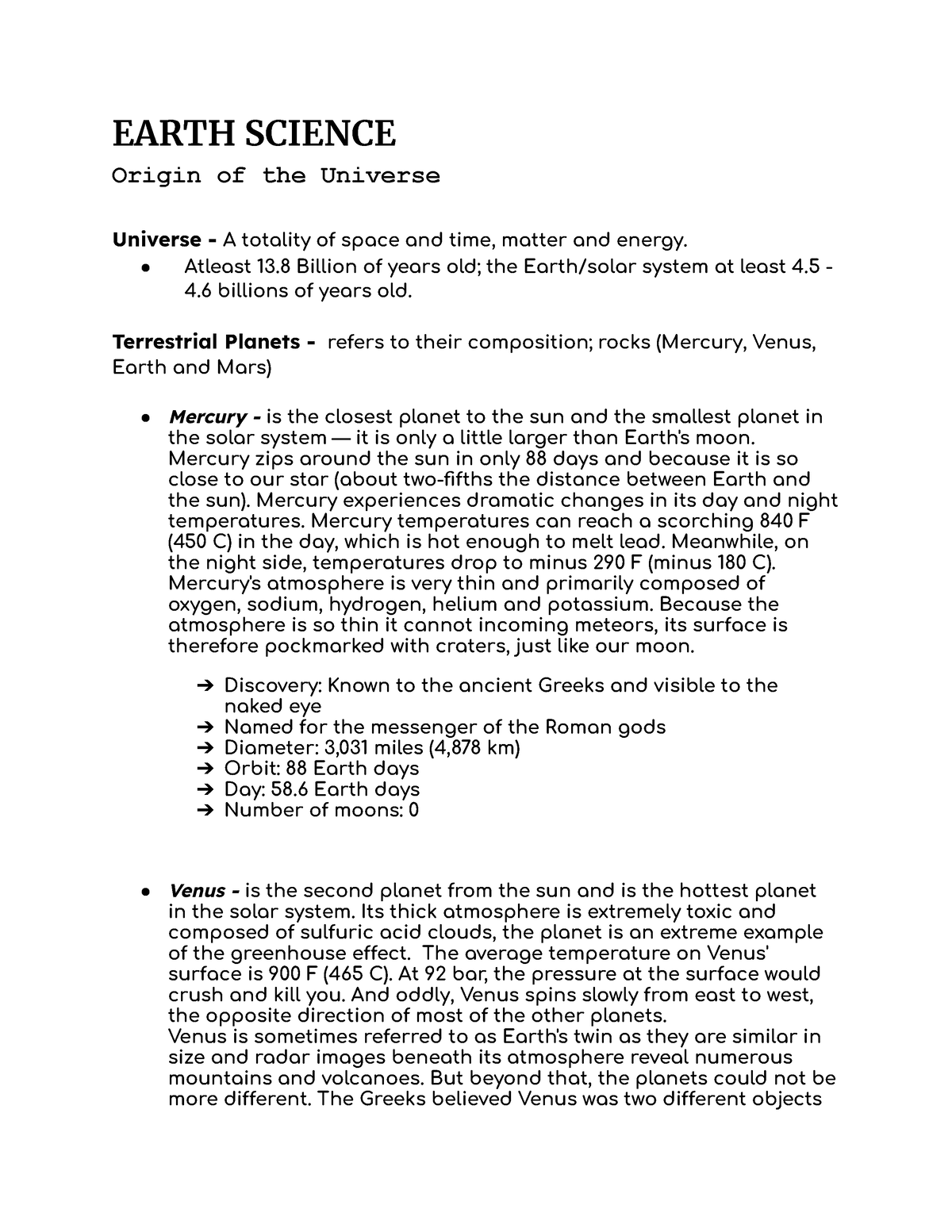 Earth Science - Hello! I hope this helps! - EARTH SCIENCE Origin of the ...