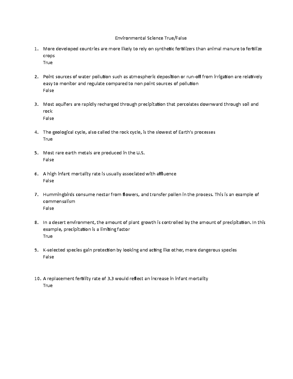 Environmental Science True False - Environmental Science True/False ...