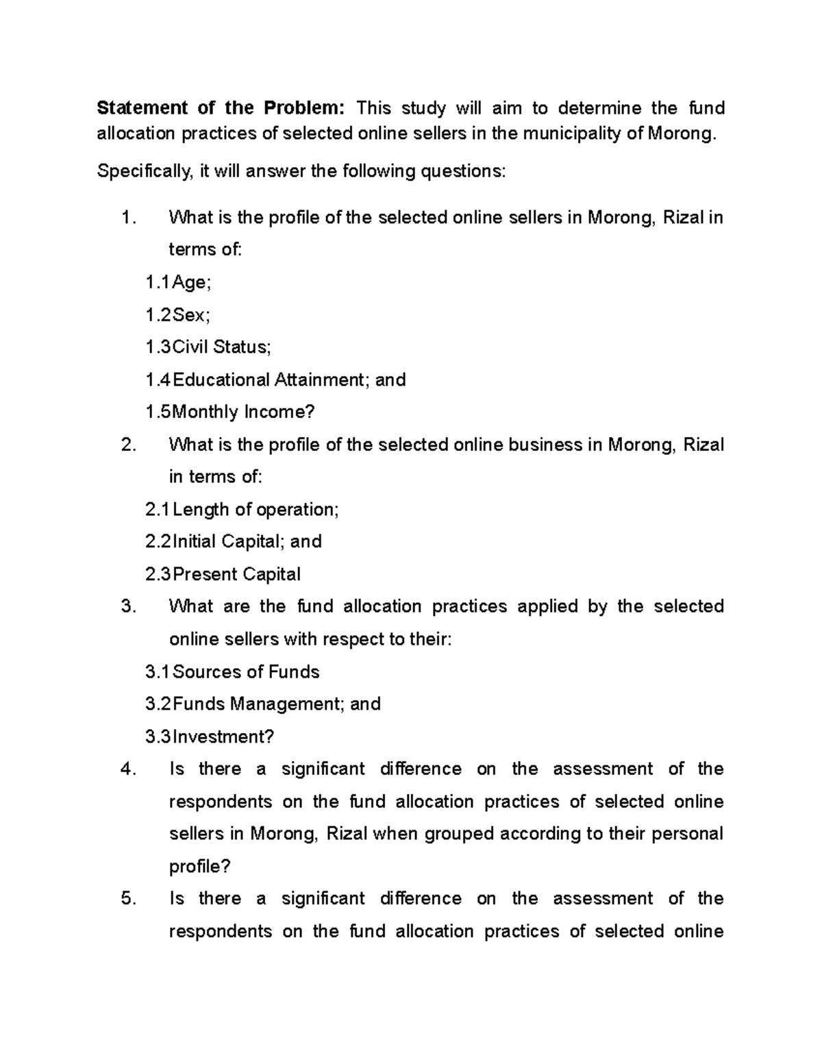 Statement of the problem and Questionnaire Checklist - Statement of the ...