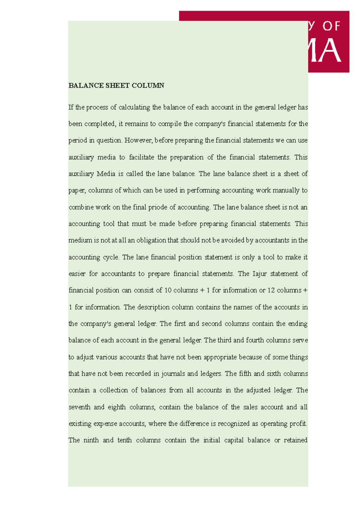 Documents Accounting - Balance Sheet Column - BALANCE SHEET COLUMN If ...