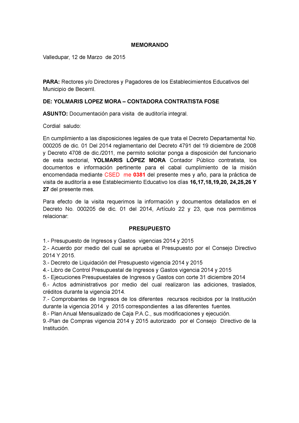 Memorando Carta Memorando Valledupar De Marzo De Para Rectores Y O Directores Y