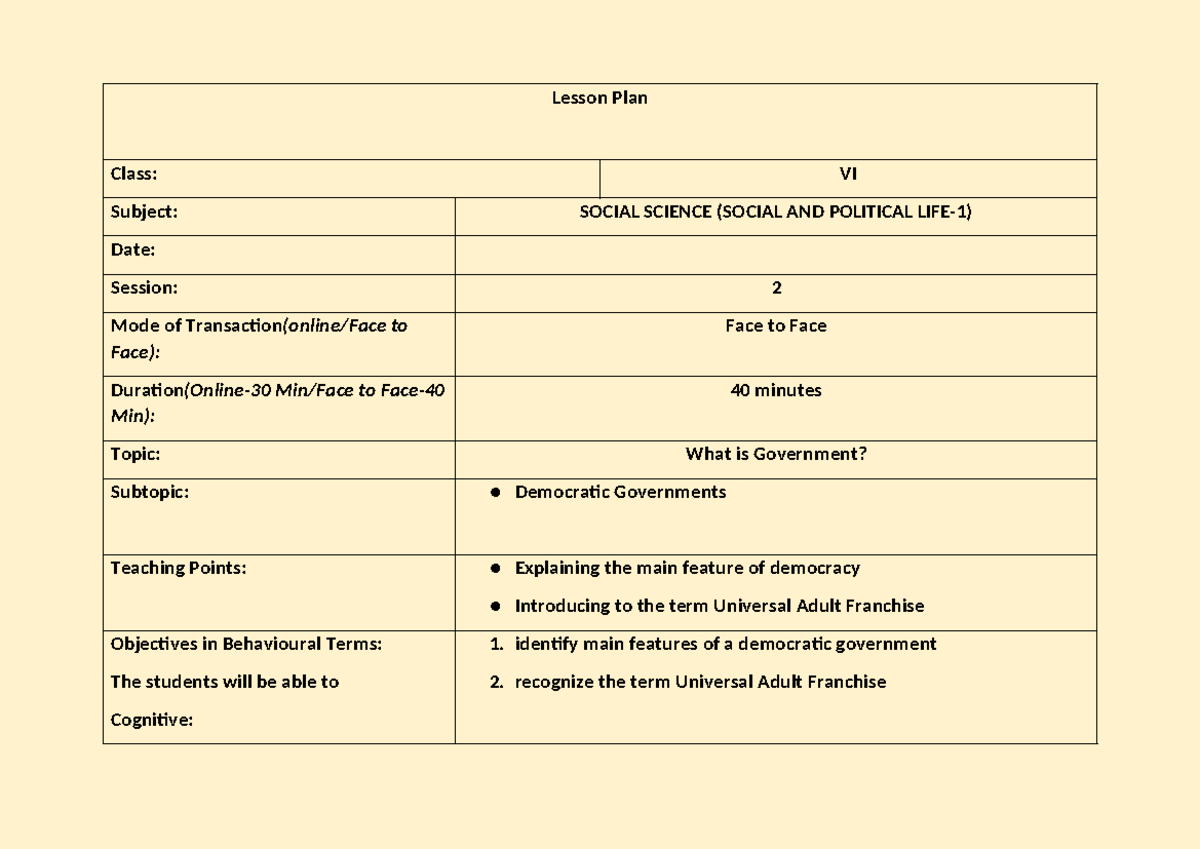 AD LP1 - Lesson Plan Class: VI Subject: SOCIAL SCIENCE (SOCIAL AND ...