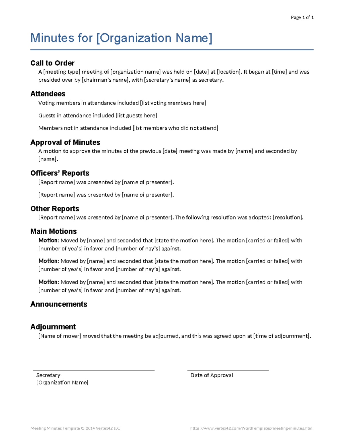 Meeting minutes roberts rules - Page 1 of 1 Minutes for [Organization ...