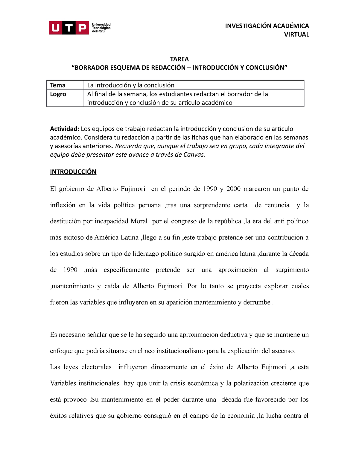 Borrador De Esquema De Redacci N Introducci N Y Conclusi N Investigaci N Acad Mica Virtual