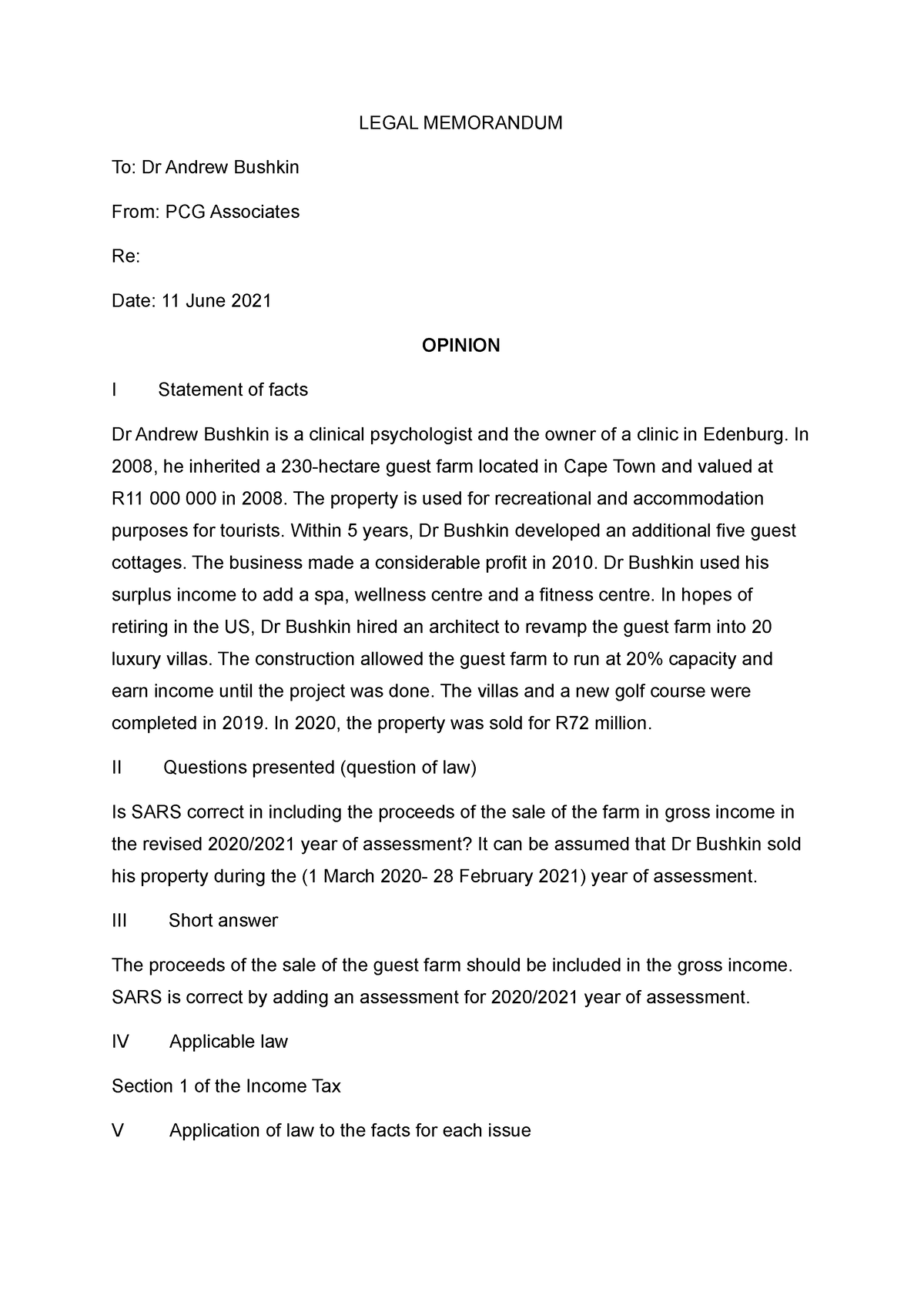 statement of assignment legal memorandum