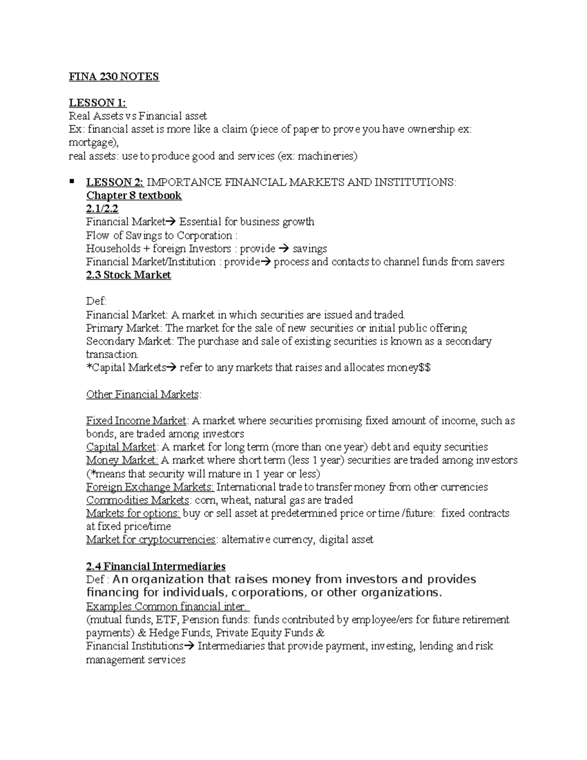 Fina 230 notes - well - FINA 230 NOTES LESSON 1: Real Assets vs ...