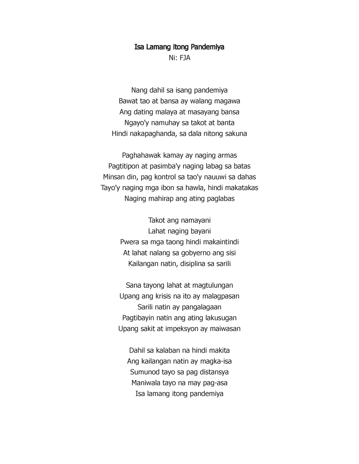 Pandemya tula - A poem - Isa Lamang itong Pandemiya Ni: FJA Nang dahil