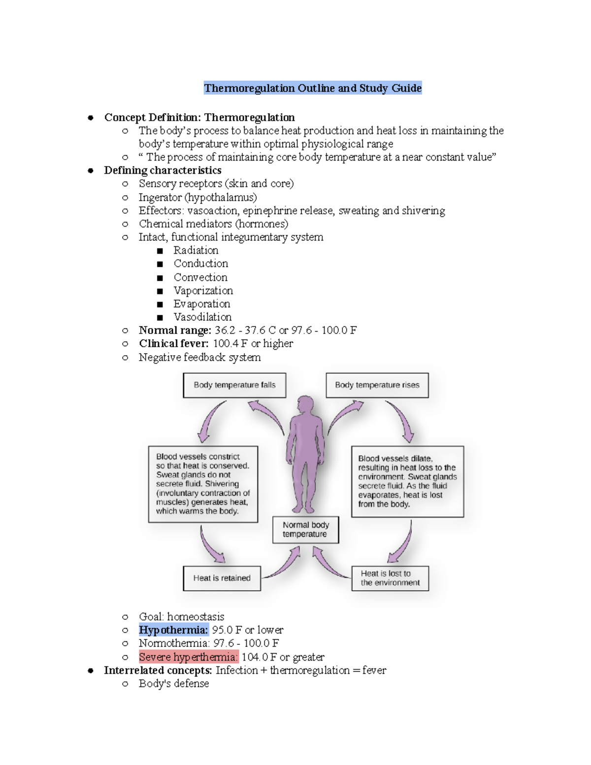 Health and Illness Thermalregulation Study guide Thermoregulation