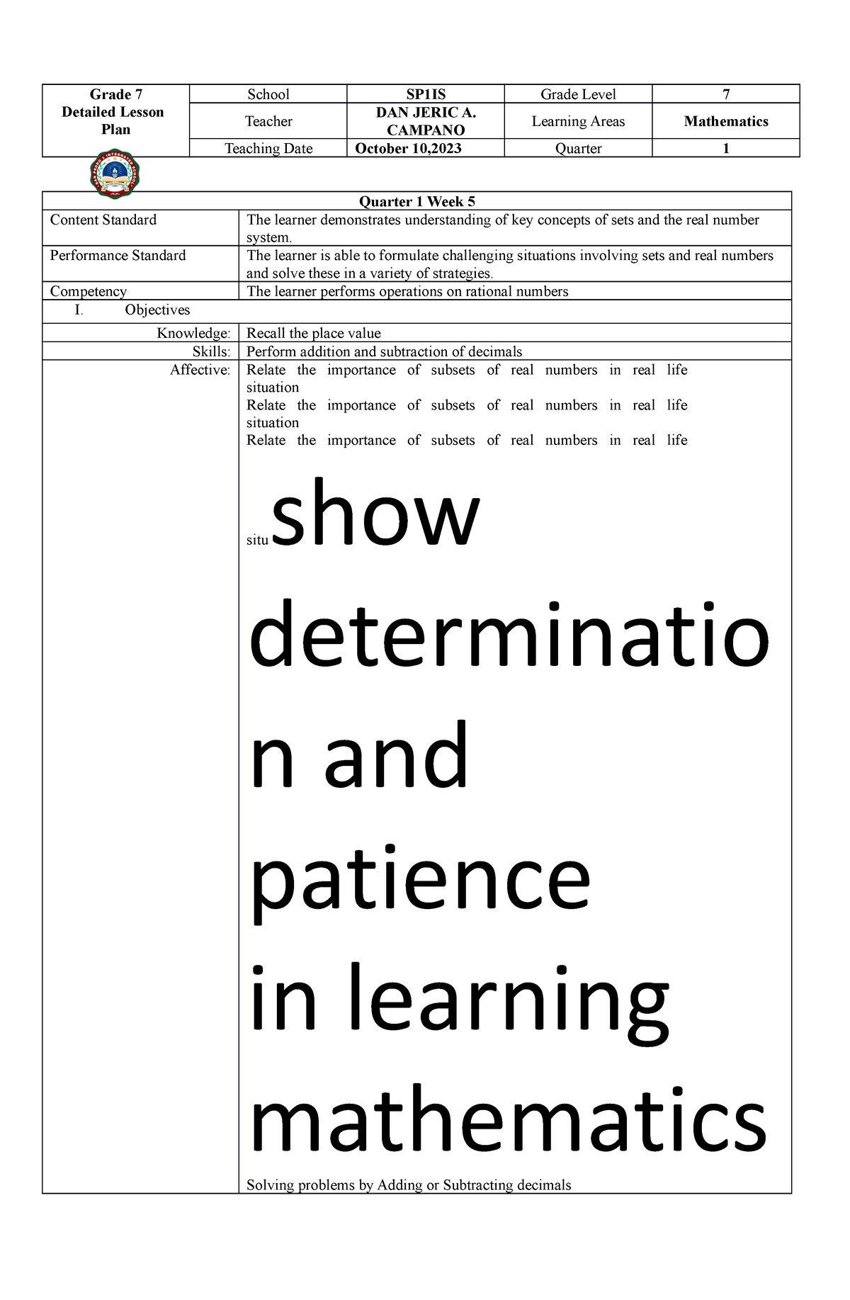 Cot Lp - Lesson Plan - Grade 7 Detailed Lesson Plan School SP1IS Grade ...