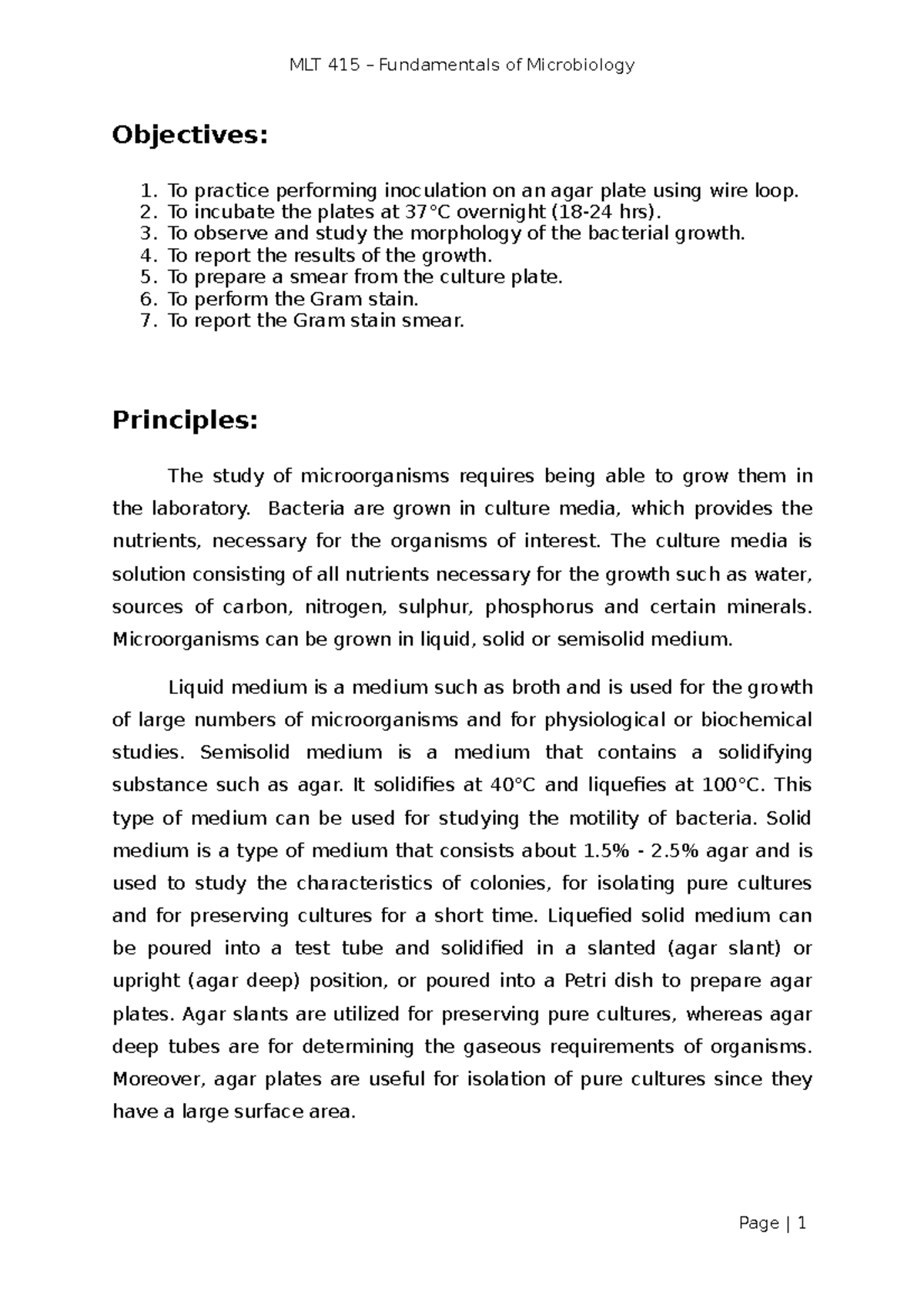 MLT 415 Lab Report Innoculation of Cultu - Objectives: To practice ...