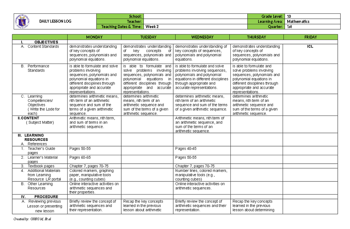 Math10 Wk2 - ddl - DAILY LESSON LOG School: Grade Level: 10 Teacher ...