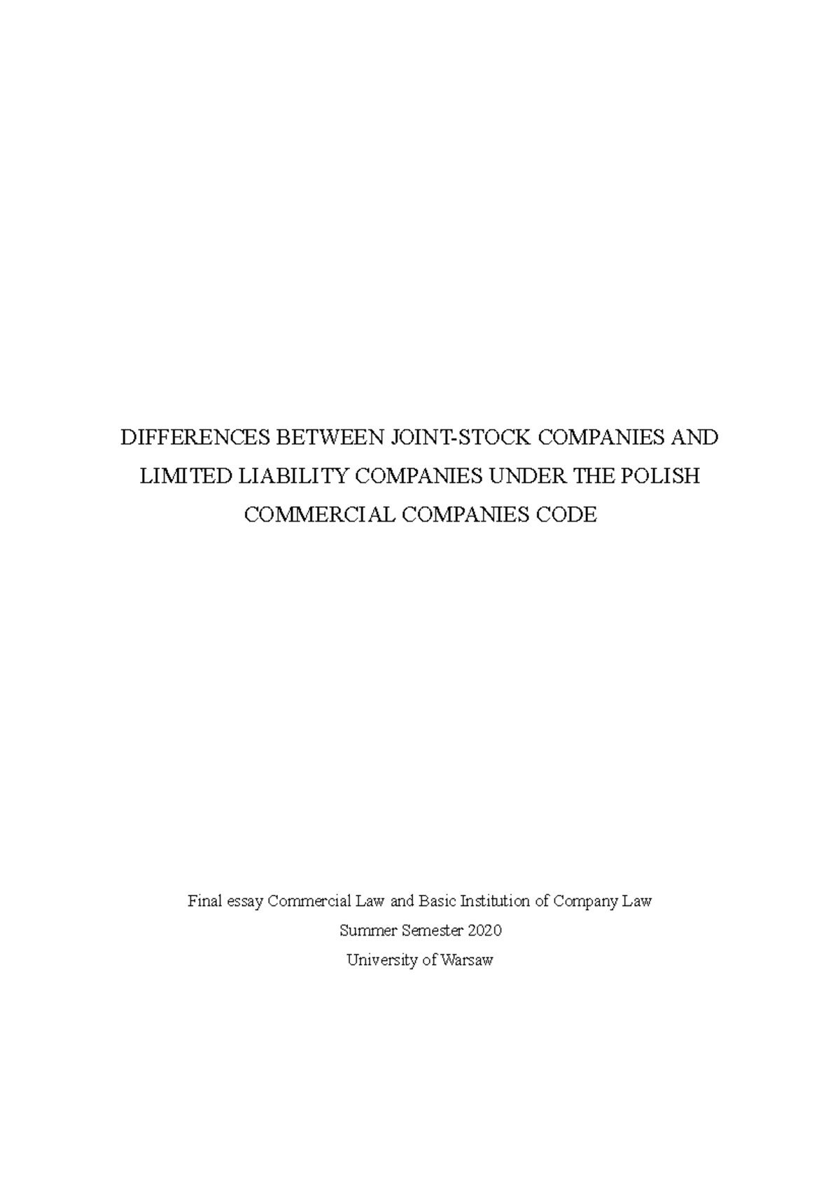 Final Essay Commercial Law Differences Between Joint Stock Companies And Limited Liability 3954