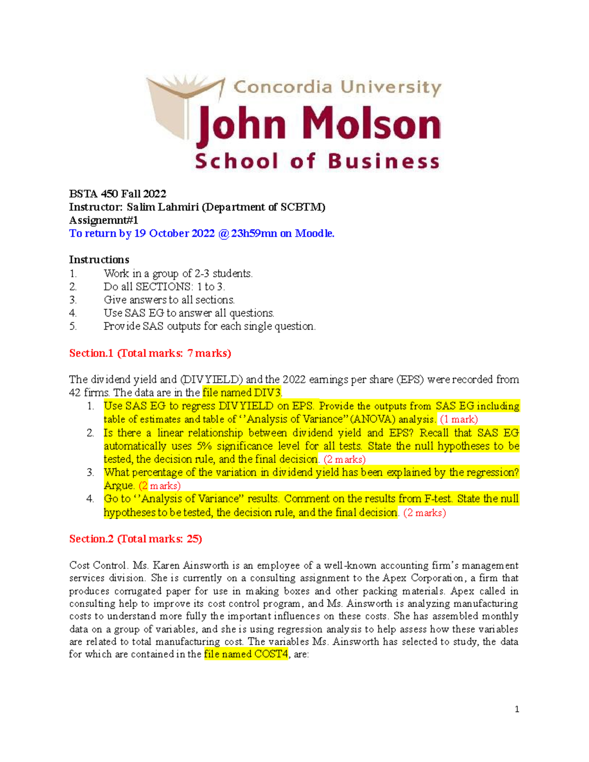 Bsta 450 a fall 2022 assignment 1 bsta 450 fall 2022 instructor