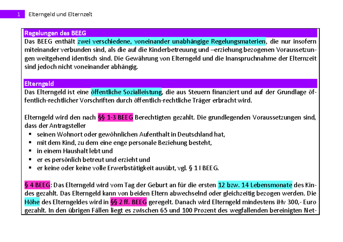 Elternzeit Und Elterngeld Arbeitsvertragsrecht 55105 Studocu